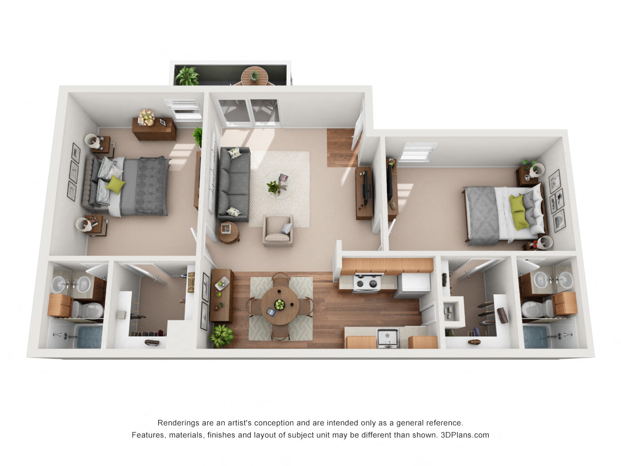 Floor plan for 2 beds, 2 baths, 950 sqft